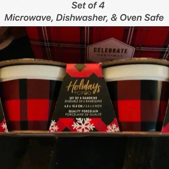 Ciroa Celebrate - 4 -Ramekins Red Plaid Stoneware - Picture 1 of 5